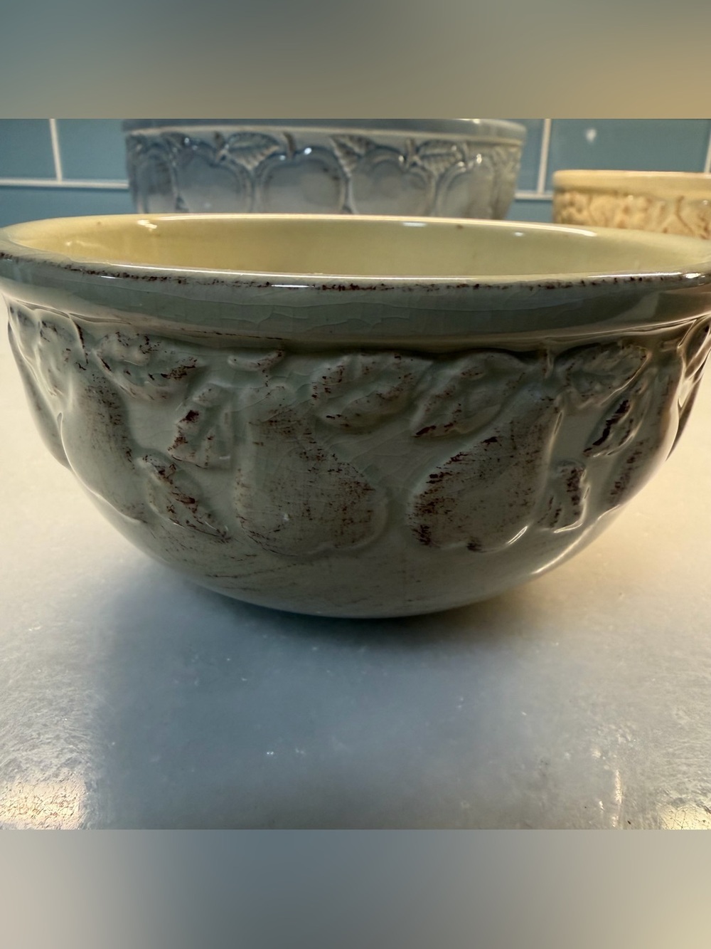 Signature Housewares Pastel Fruit Stoneware Bowl Green Embossed 6"